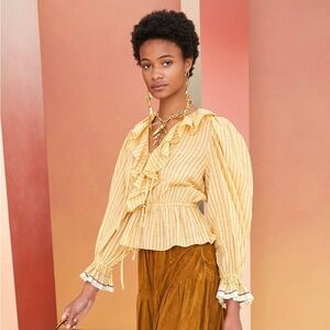 NWT Ulla Johnson Kalila Blouse in Wheat Bohemian Romantic Stripe Pattern Size 8